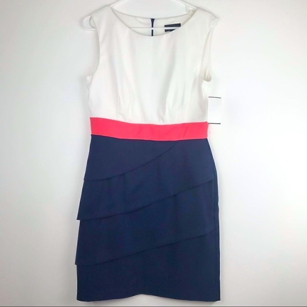 Connected Apparel Colorblock Navy White Pink Tiered Sleeveless Dress NEW